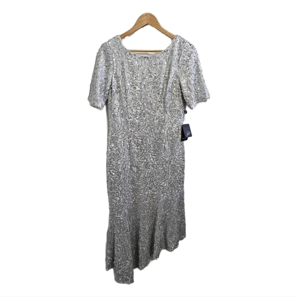 Adrianna Papell NWT sequin silver asymmetrical midi cocktail party dress size 10